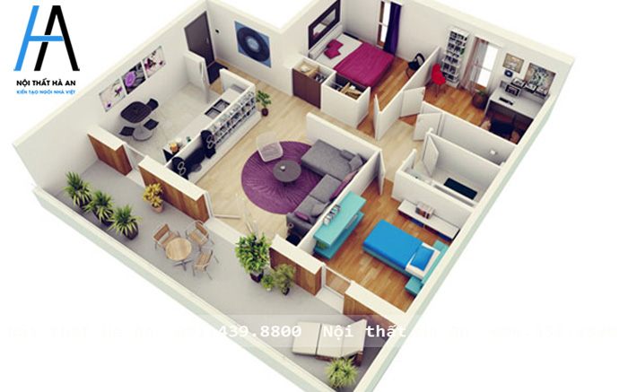 Bản vẽ thiết kế nội thất chung cư 3 phòng ngủ hiện đại
