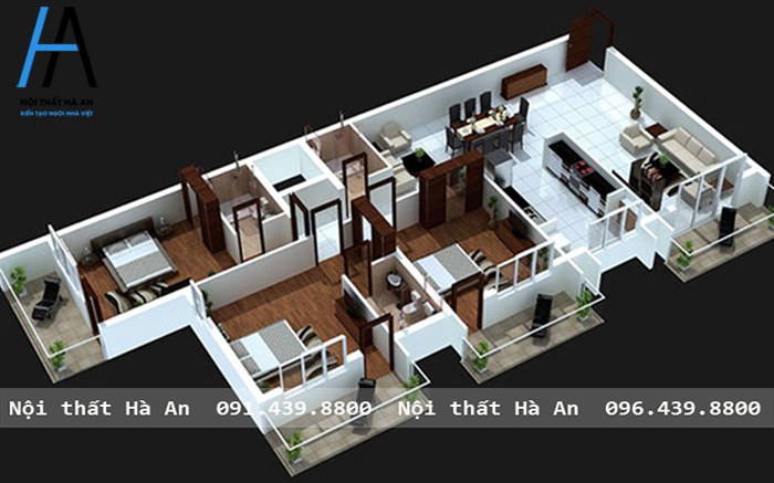 Thiết kế nội thất căn hộ chung cư 3PN gam màu đối lập
