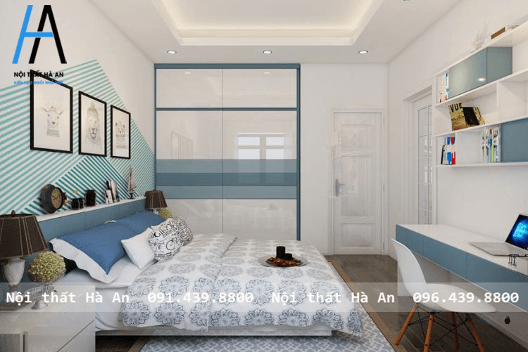 Phòng ngủ với màu trắng - xanh tươi sáng