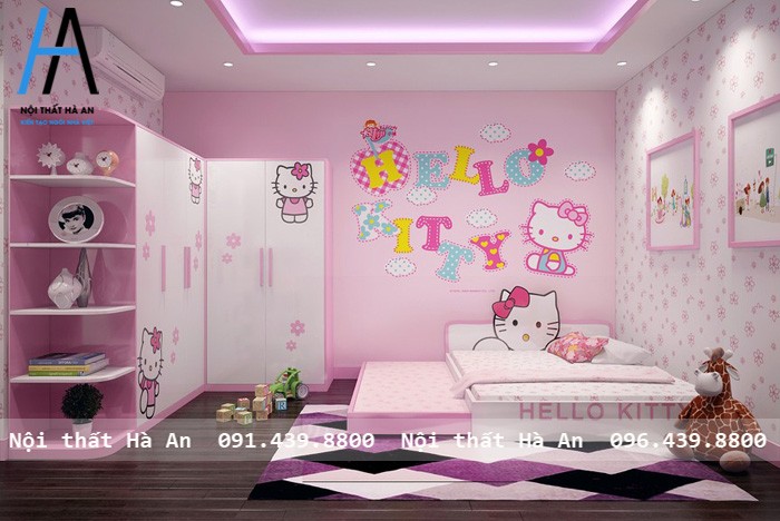 Mẫu phòng cho bé gái yêu mến mèo Hello Kitty