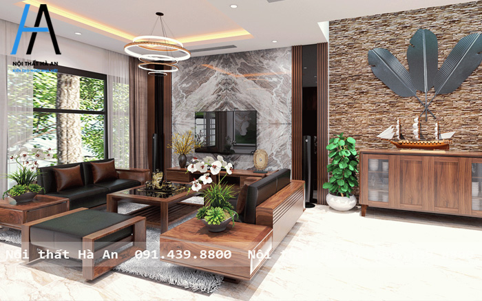 Phòng khách ấn tượng với gỗ kết hợp vân đá