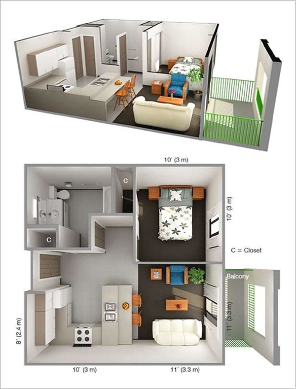 Mẫu thiết kế chung cư 1 phòng ngủ bố trí thông minh