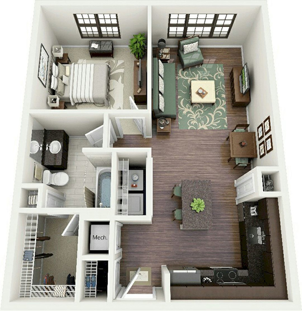 Mẫu thiết kế chung cư 1 phòng ngủ đơn giản tinh tế