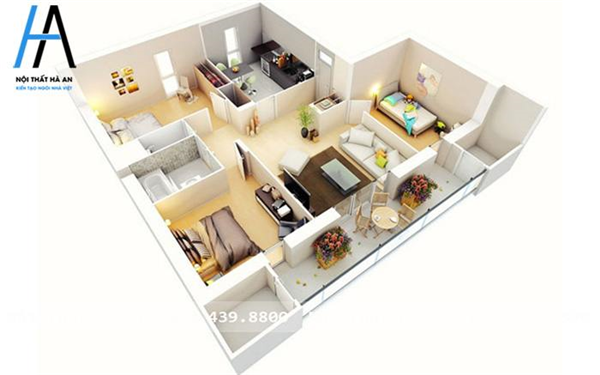 Bộ sưu tập mẫu thiết kế nội thất chung cư 3 phòng ngủ theo bản vẽ 3D