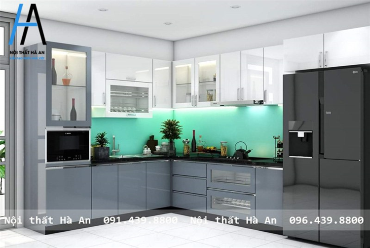 Mẫu 1: Mẫu thiết kế nội thất phòng bếp hiện đại sử dụng tủ bếp nhựa Acrylic