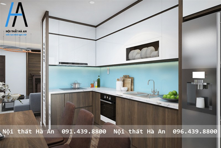 Mẫu 2: Mẫu thiết kế nội thất phòng bếp thông phòng khách ở căn hộ chung cư